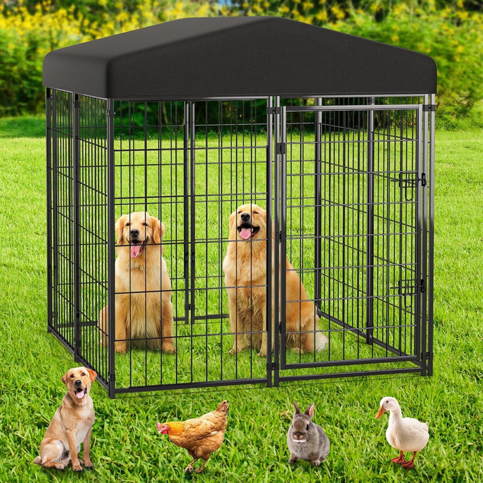 Anyask 4FT(D) x 4FT(W) x 4.5FT(H) Large Outdoor Heavy Duty Metal Dog Kennel Playpen with Sun/Rain Roof Top for Cat Duck Chicken - new