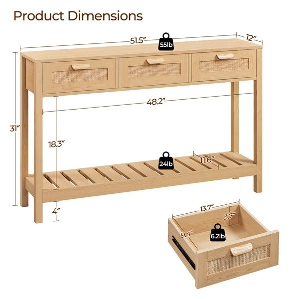 3-drawer Rattan-dotted Console Table with Bottom Shelf Light Brown - new
