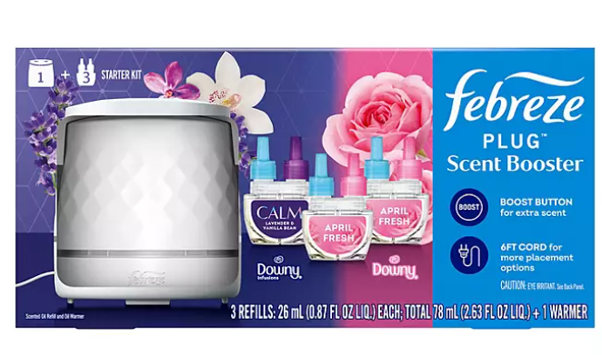 Febreze PLUG Scent Booster Kit, CALM Lavender + Vanilla Bean and April Fresh, 1 Device + 3 Refills - open_box