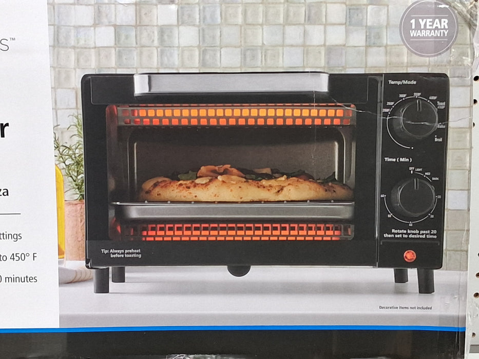 Mainstays 4-Slice Countertop Toaster Oven with 3 Settings, Includes Baking Rack and Pan, Black, New - new