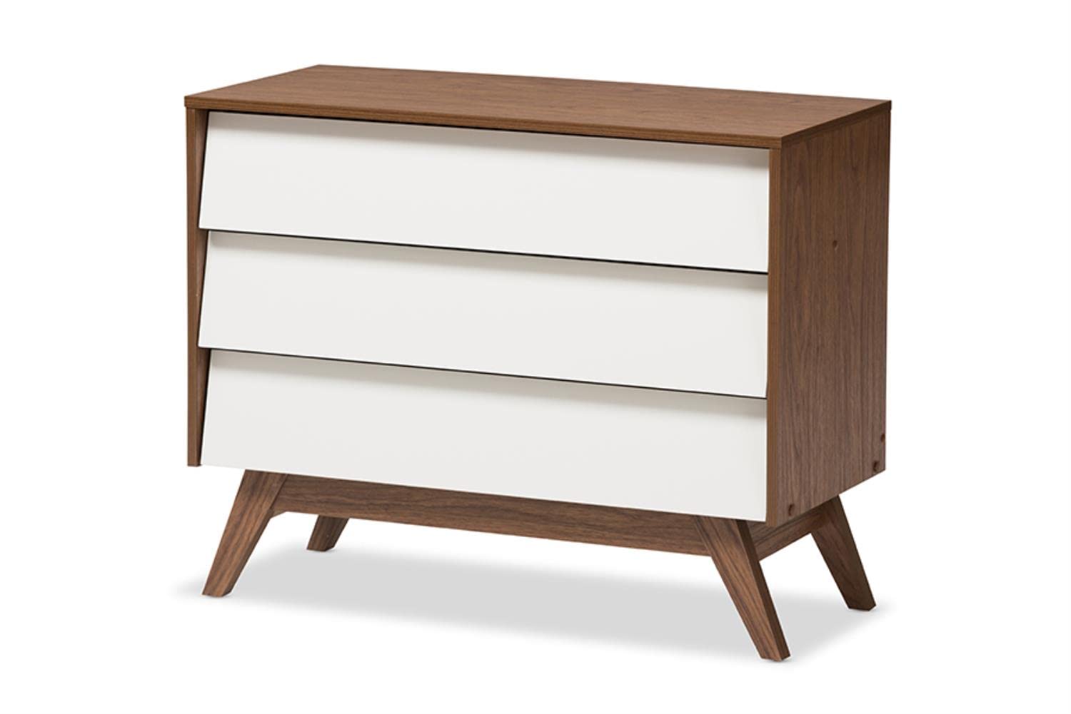 Baxton Studio Hildon Mid-Century Modern White and Walnut Wood 3-Drawer Storage Chest - new