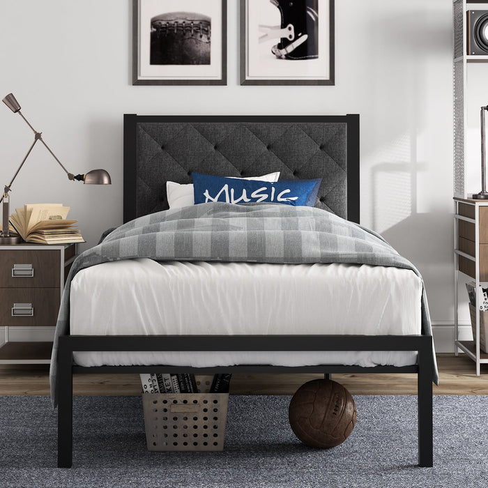 Amolife Twin Size Metal Bed Frame with Upholstered Headboard, Dark Gray - new