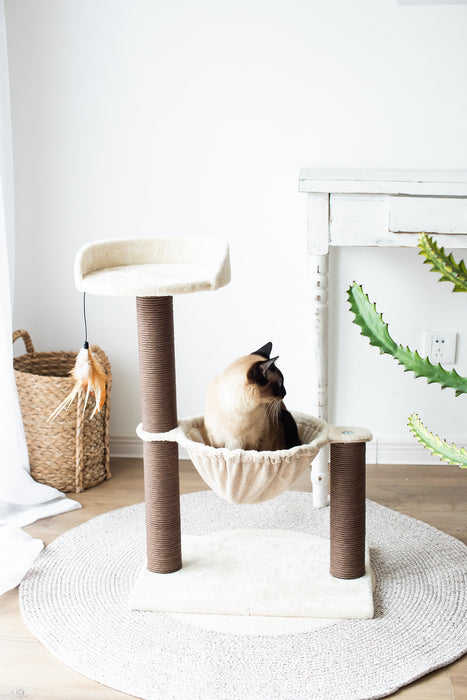 Catry 28" Beige 3-Level Cat Tree with Hammock Scratching Post Tower with Plush Perch Indoor Play House - open_box