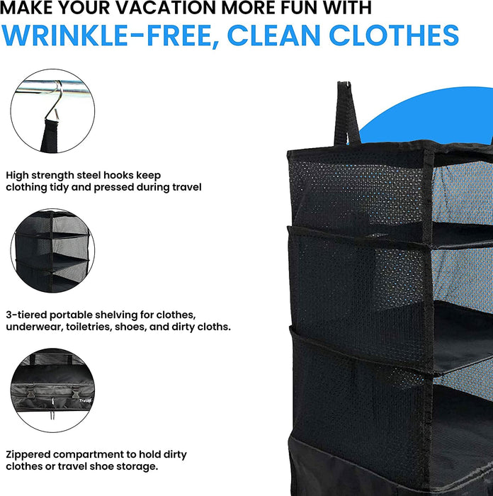 Grand Fusion Stow-N-Go Portable Hanging Travel Shelves, Packing Organizer for Luggage. Carry on Closet with Hanger for Clothes. Expandable Packing Cube. Travel Essentials from Large, Black -