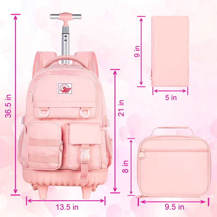 AGSDON Rolling Backpack for Girls and Women, Roller Wheels School Bookbag, Wheeled Suitcase Backpacks with Lunch Bag for Teen - Pink - new