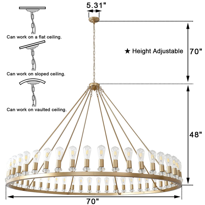 Rijatkiy 70 Inch Large Gold Wagon Wheel Chandelier, 48-Lights Vintage Farmhouse Light Fixture, Round Rustic Industrial Pendant Lighting for High Ceilings Living Room, Dining Room, Foyer - ne