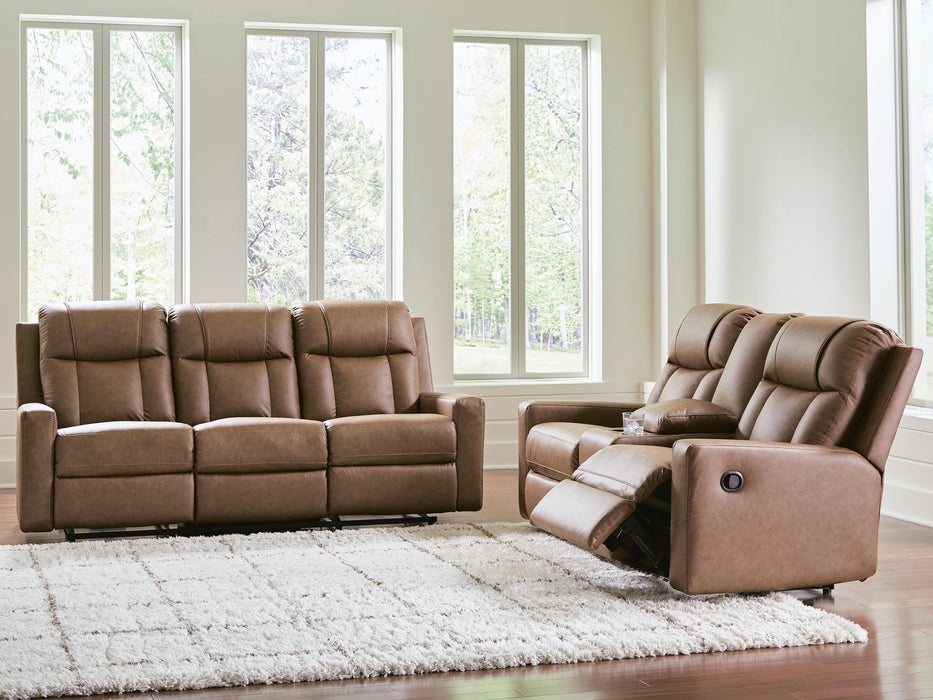 Mackmenville Caramel Mackmenville Reclining Sofa and Reclining Loveseat with Console