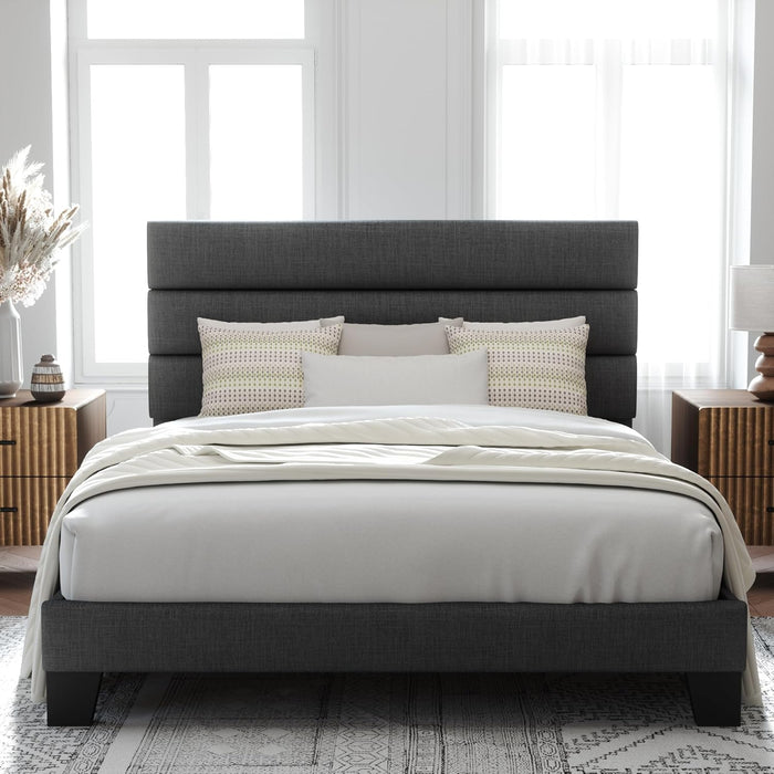 Allewie Queen Size Platform Bed Frame with Fabric Upholstered Headboard and Wooden Slats Support, Fully Upholstered Mattress Foundation/No Box Spring Needed/Easy Assembly, Dark Grey - new