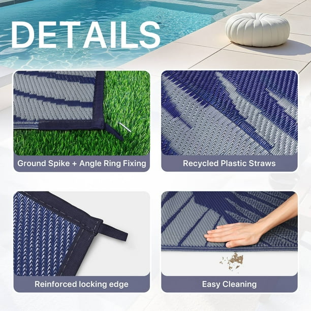 DEORAB 6'x9' Outdoor Rugs Patio Waterproof Outside Mat Reversible Plastic Camping Carpet,Blue & Grey - new