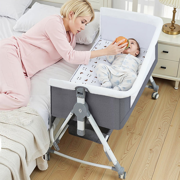 XunKA 4 in 1 Infant Baby Bassinet with Mosquito Net and Storage Rack,Adjustable Height,Gray. - new