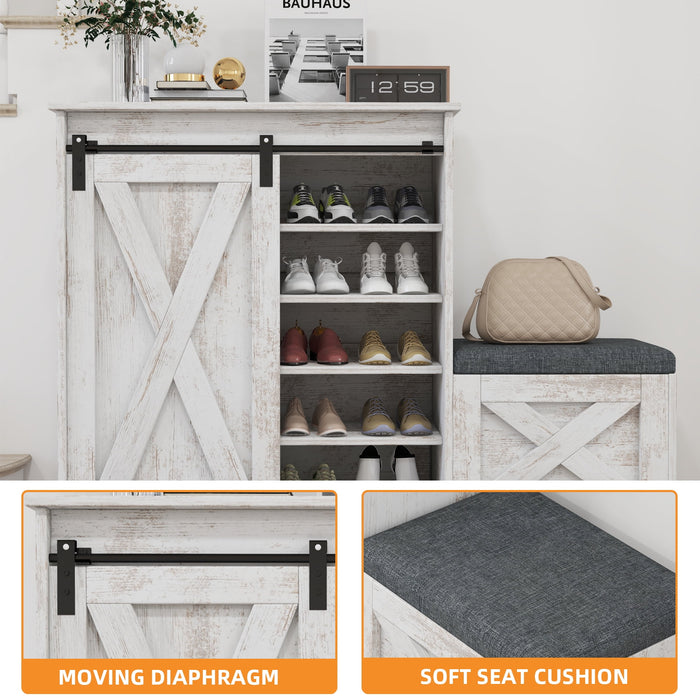 Uforic Shoe Cabinet with Sliding Door & Shoe Bench,Farmhouse Narrow Slim 5-Tier Adjustable Shoe Storage Organizer for 20 Pairs for Entryway, Foyer, Embossed White - new