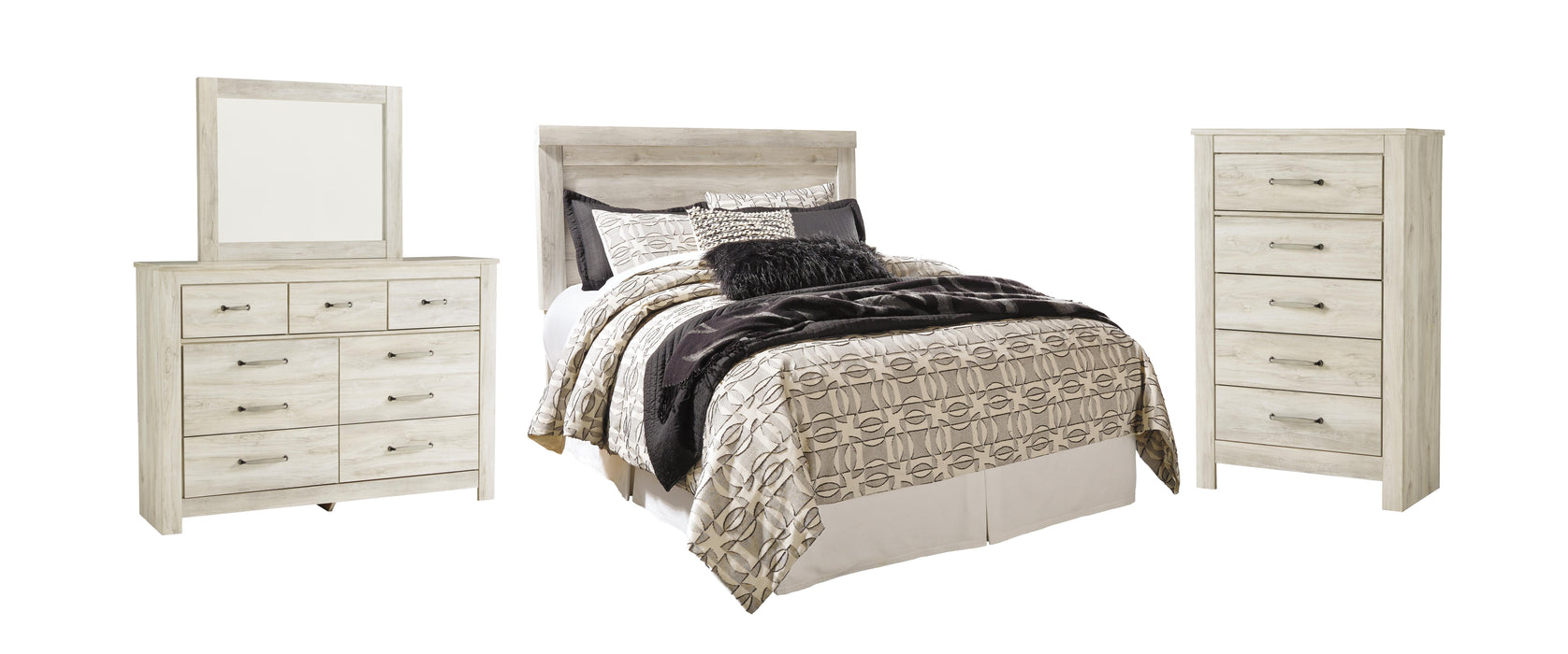 Bellaby Whitewash Bellaby Queen Panel Headboard Bed with Mirrored Dresser and Chest