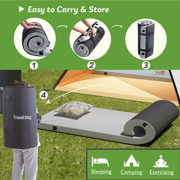 Memory Foam Camping Mattress 2.5 inch, Twin Portable Roll Up Camping Sleep Topper with Waterproof and Non-Slip Bottom, Camping Car Mat with Travel Bag, 75"×38"×2.5", Grey - new