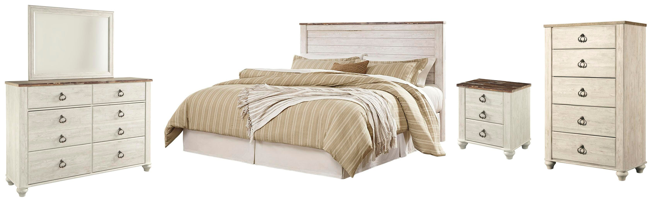 Willowton Whitewash Willowton King/California King Panel Headboard Bed with Mirrored Dresser, Chest and Nightstand