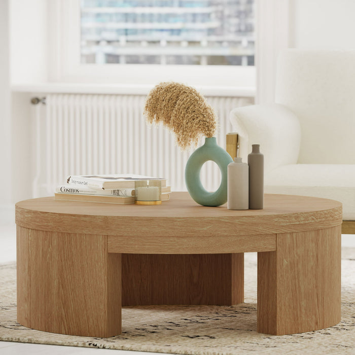 Beautiful Mod Round Coffee Table by Drew Barrymore, Warm Honey Finish - open_box