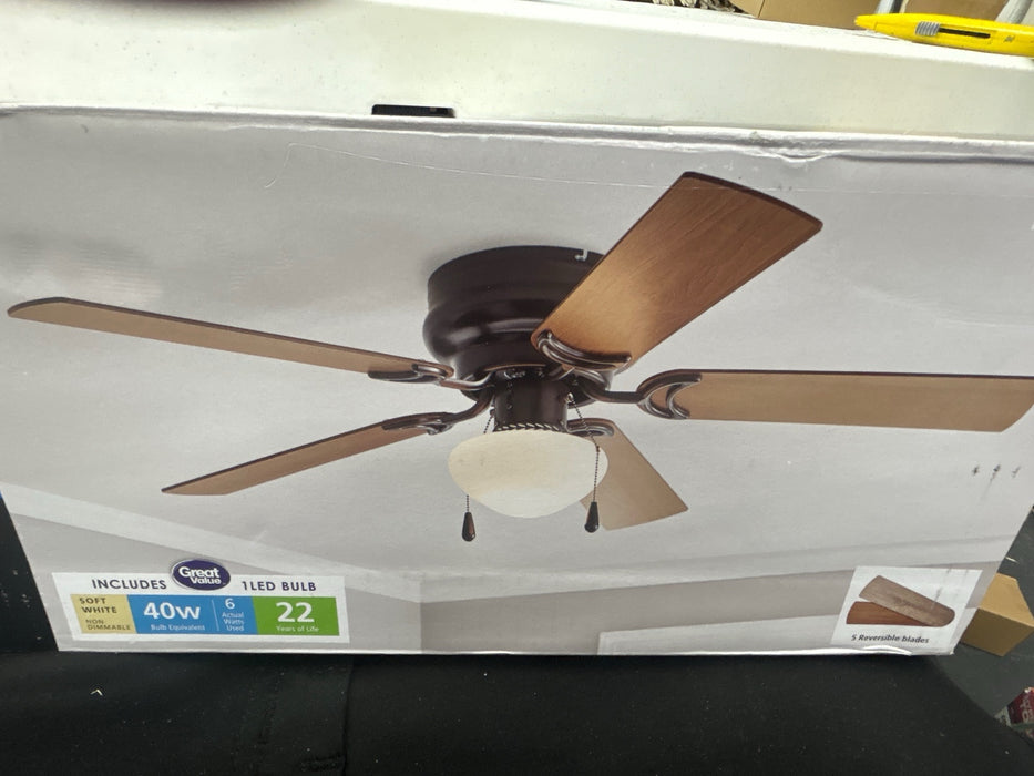 Mainstays 44" Hugger Indoor Ceiling Fan with Single Light, Bronze, 5 Blades, LED Bulb,Reverse Airflow - new