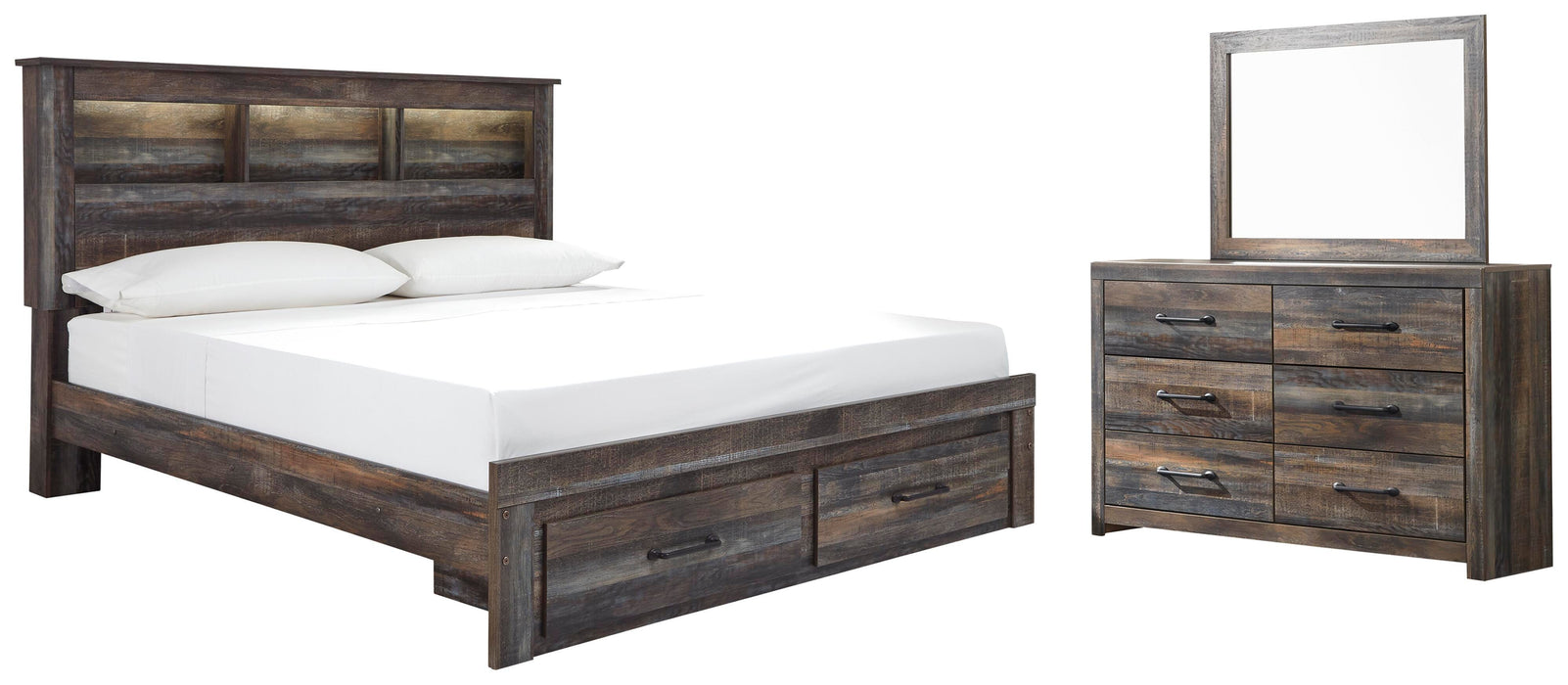Drystan Multi Drystan King Bookcase Bed with 2 Storage Drawers with Mirrored Dresser