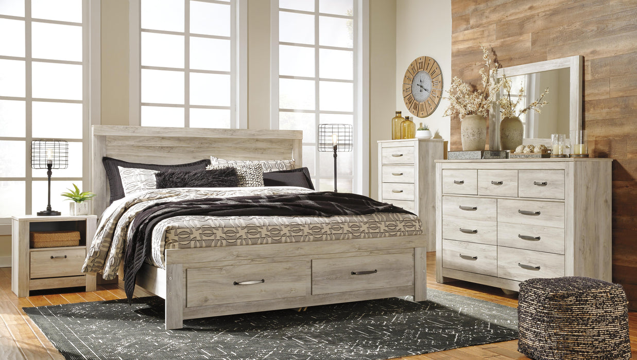 Bellaby Whitewash Bellaby King Platform Bed with 2 Storage Drawers with Mirrored Dresser, Chest and Nightstand