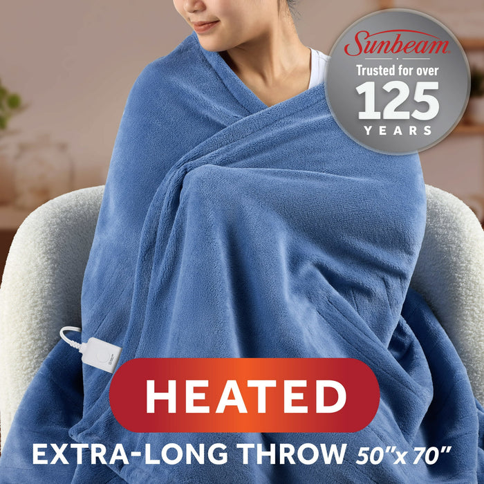Sunbeam Electric Heated Throw Blanket Oversize Blue Corduroy Microplush 4 Heat Settings - new