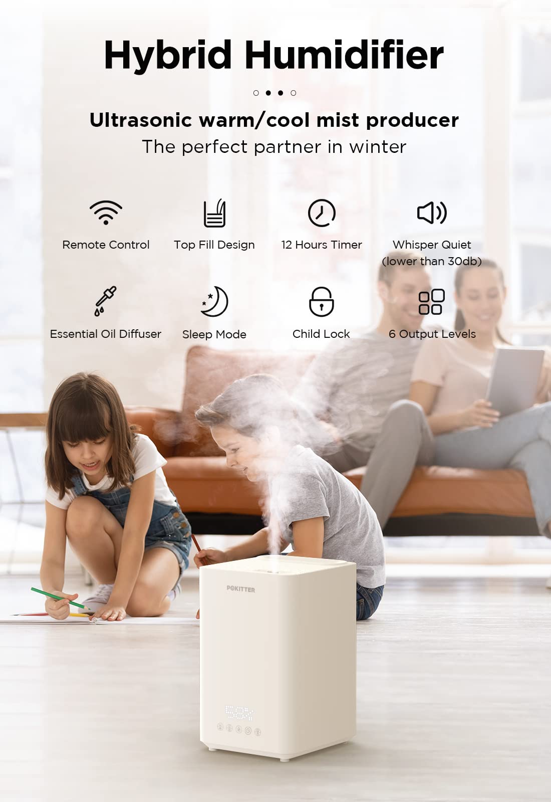 Pokitter Humidifiers for Large Room Home, 5L Warm and Cool Mist Top Fill Essential Oil Diffuser for Baby and Plants, Rapid Humidification, Quiet Sleep Mode - White - new