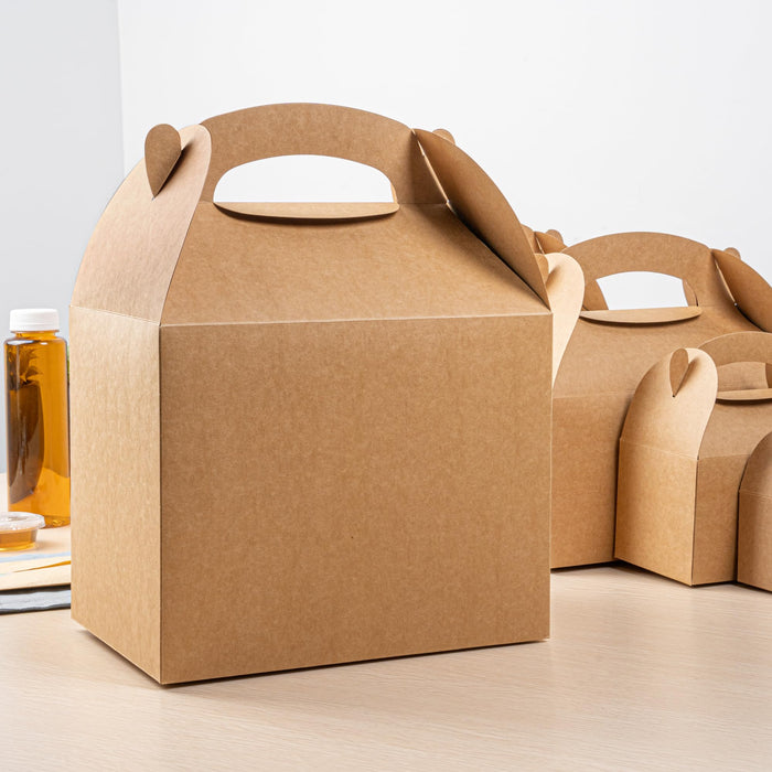 Restaurantware Bio Tek 10 x 7 x 8 Inch Gable Boxes For Party Favors, 25 Attractive Gift Boxes - With Built-In Handle, Greaseproof, Kraft Paper Gable Boxes, For Birthday Parties And Weddings