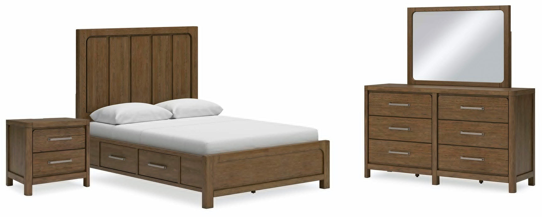 Cabalynn Light Brown Cabalynn Queen Panel Bed with Storage with Mirrored Dresser and Nightstand