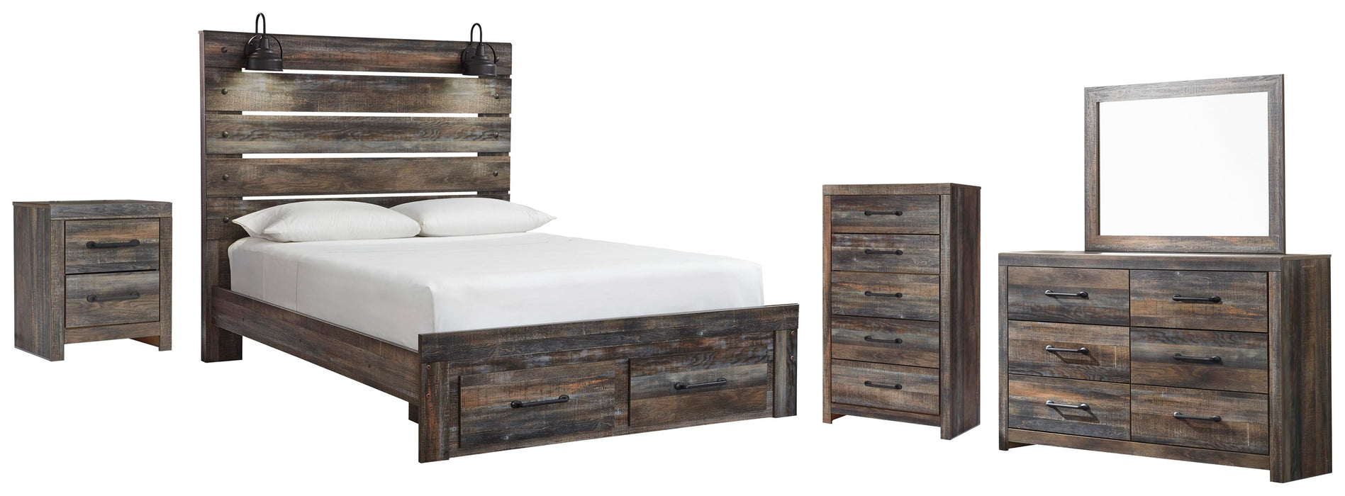 Drystan Multi Drystan Queen Panel Bed with 2 Storage Drawers with Mirrored Dresser, Chest and Nightstand