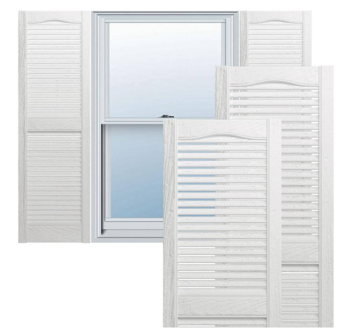 14-1/2 in. x 67 in. Lifetime Open Louvered Vinyl Standard Cathedral Top Center Mullion Shutters Pair in white - open_box