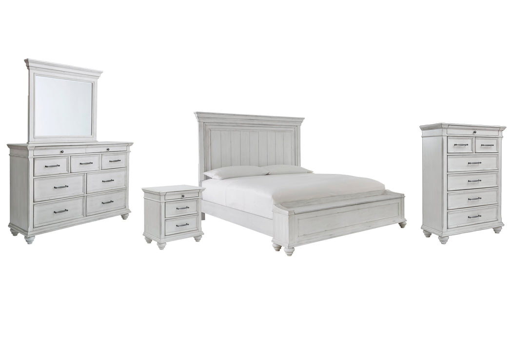 Kanwyn Whitewash Kanwyn King Panel Bed with Storage with Mirrored Dresser, Chest and Nightstand