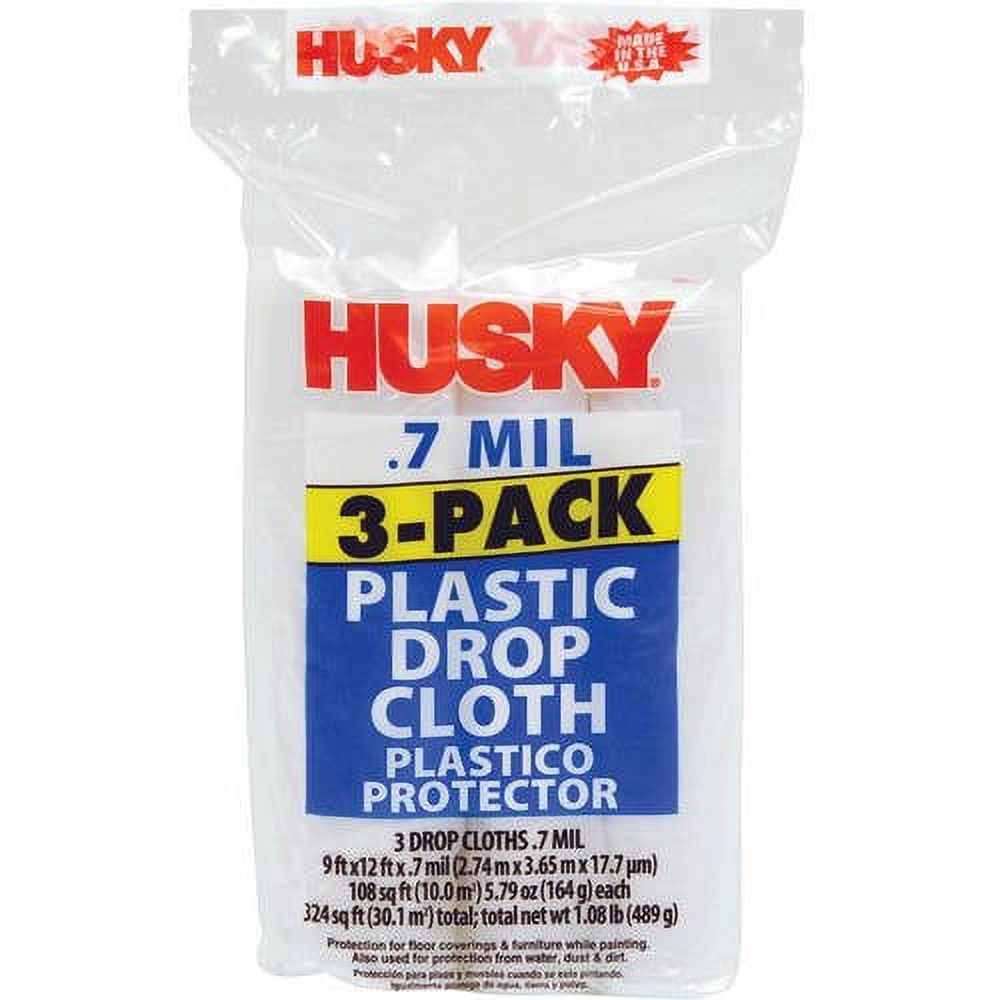 Husky Clear Plastic Drop Cloth, 0.7 Mil, 9 Ft x 12 Ft, 3 Pack - open_box