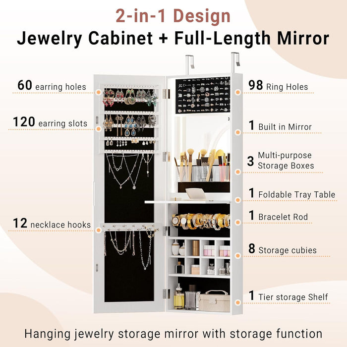 IRONCK Full Length Mirror Jewelry Cabinet with Foldable Shelf , Wall Door Mounted Jewelry Armoire with LED Light , White - new