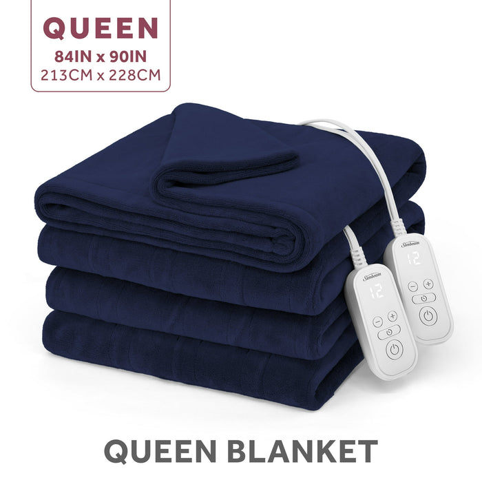 Sunbeam Electric Heated Bed Blanket Navy Soft Microplush 12 Heat Settings Queen 90 x 84 - new