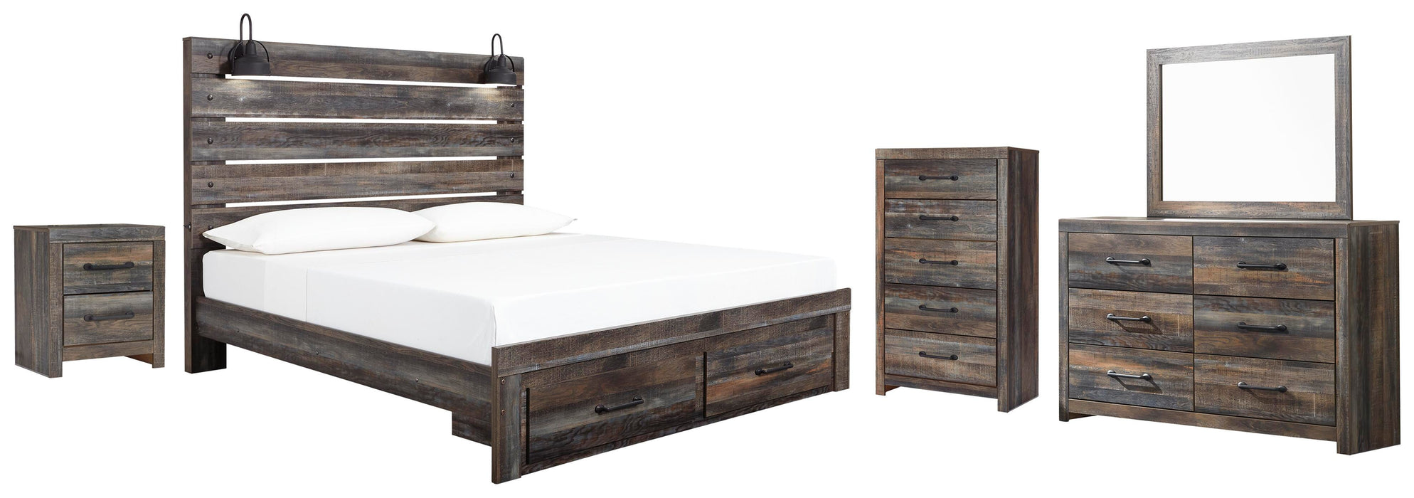 Drystan Multi Drystan King Panel Bed with Storage with Mirrored Dresser, Chest and Nightstand