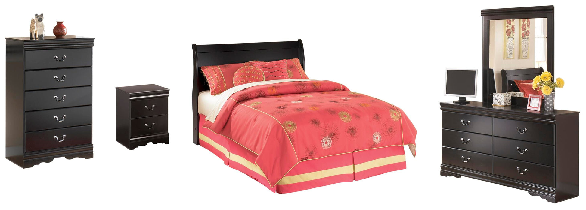 Huey Vineyard Black Huey Vineyard Full Sleigh Headboard Bed with Mirrored Dresser, Chest and Nightstand