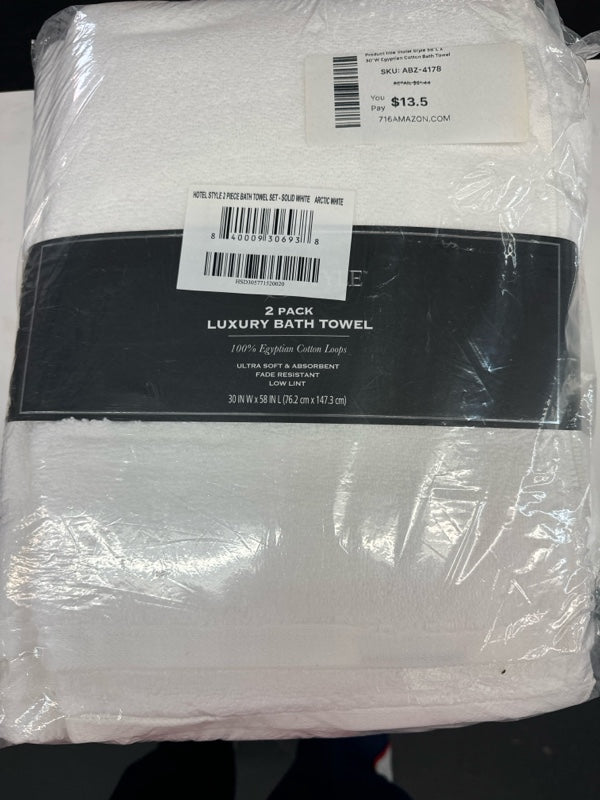 Hotel Style 58”L x 30”W Egyptian Cotton Bath Towels, Arctic White, 2 Pack - new