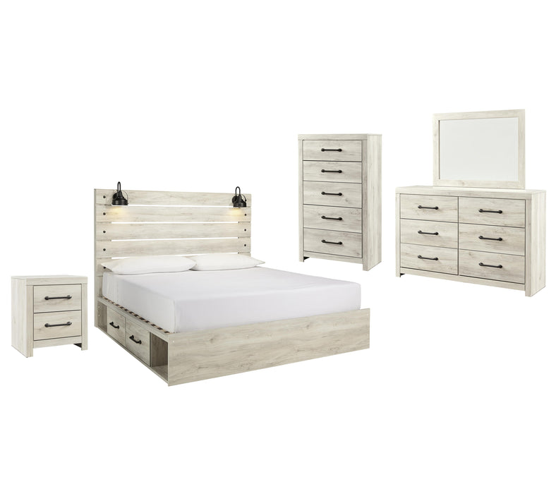 Cambeck Whitewash Cambeck King Panel Bed with 4 Storage Drawers with Mirrored Dresser, Chest and Nightstand
