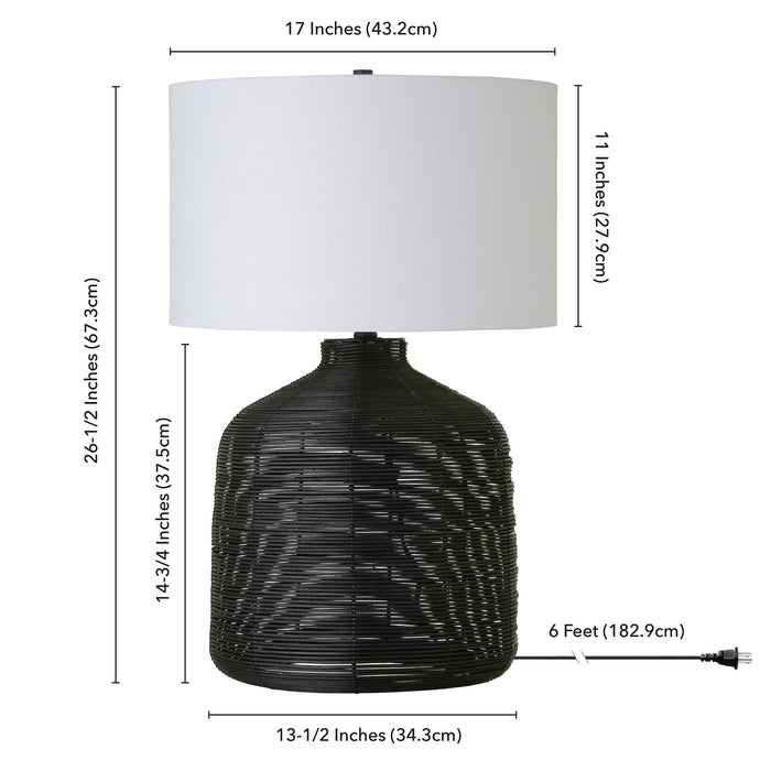 Henn&Hart 27" Tall Oversized/Rattan Table Lamp with Fabric Shade in Black Rattan/White, Lamp, Desk Lamp for Home or Office - open_box