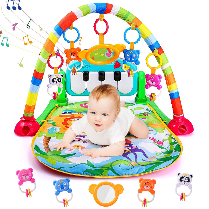 AOKESI Musical Baby Gyms Play Mats, Funny Play Piano Tummy Time Baby Activity Gym Mat with 5 Infant Learning Sensory Baby Toys, Music and Lights, Baby Play Mat for Infant 0 to 12 Months+, Green - new