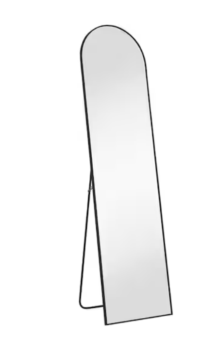 FIRNEWST 16 in. W x 59 in. H Aluminum Alloy Frame Black Arched Floor Mirror with Floor Stand and Wall Mounted Hooks - new