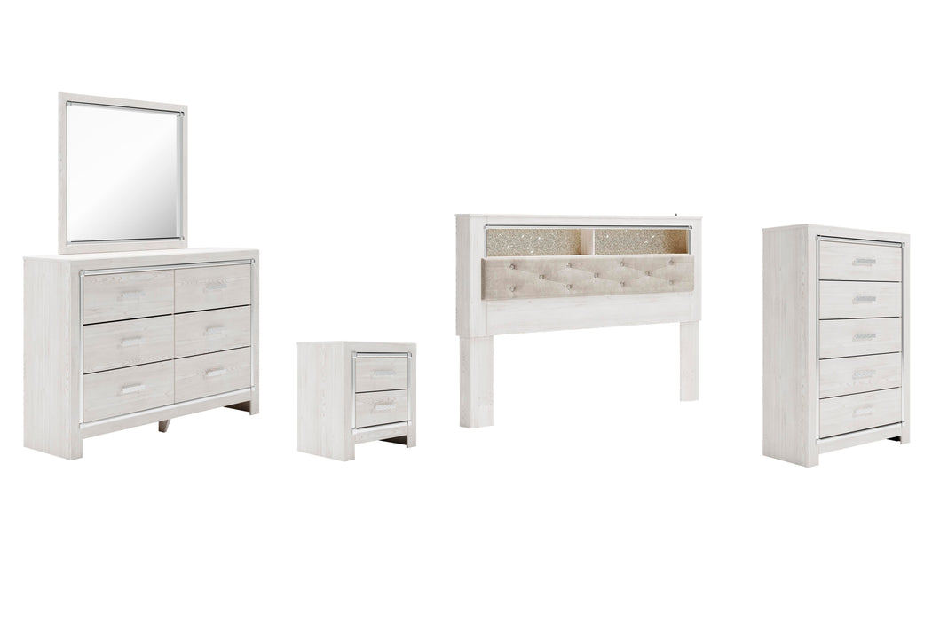 Altyra White Altyra King Bookcase Headboard Bed with Mirrored Dresser, Chest and Nightstand