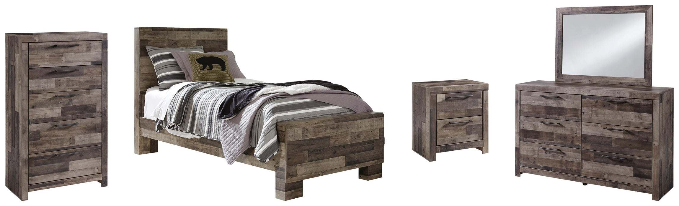 Derekson Multi Gray Derekson Twin Panel Bed with Mirrored Dresser, Chest and Nightstand