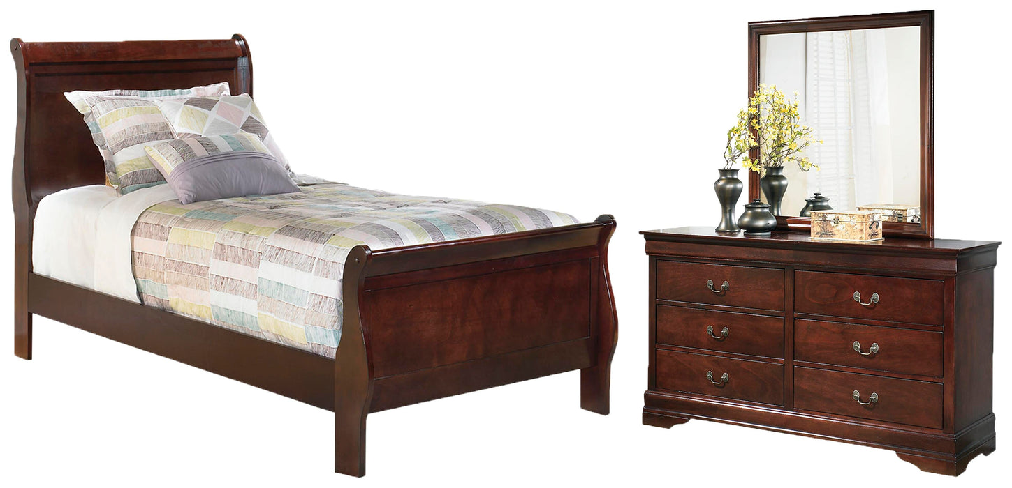 Alisdair Reddish Brown Alisdair Twin Sleigh Bed with Mirrored Dresser - Brand New