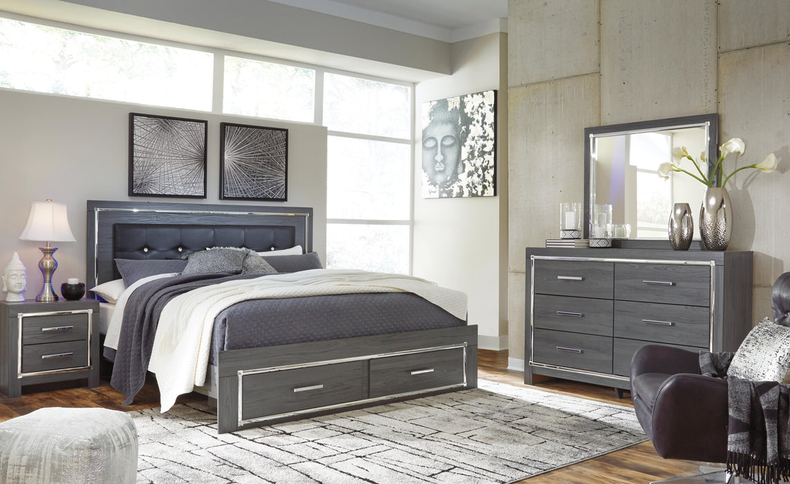 Lodanna Gray Lodanna King Panel Bed with 2 Storage Drawers with Mirrored Dresser and Chest