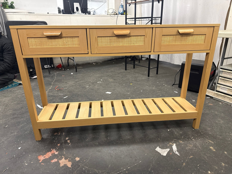 3-drawer Rattan-dotted Console Table with Bottom Shelf Light Brown - new