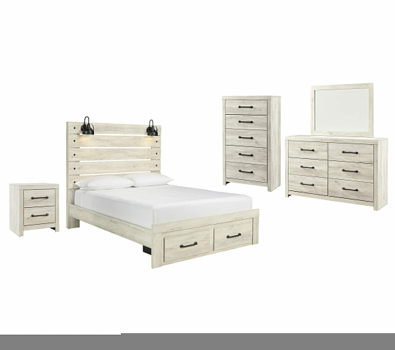 Cambeck Whitewash Cambeck Queen Panel Bed with 2 Storage Drawers with Mirrored Dresser, Chest and Nightstand