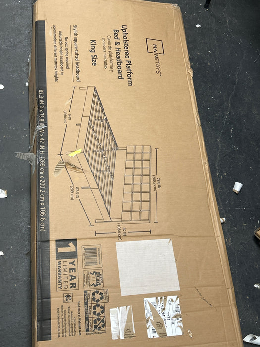 Mainstays Hillside Square Tufted Upholstered King Platform Bed, Light Gray Fabric - new