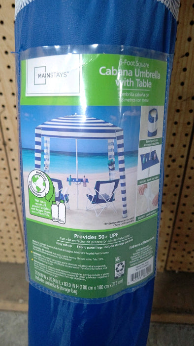 Mainstays 6 ft Blue and White Stripe Beach Umbrella, Sun Protection - open_box