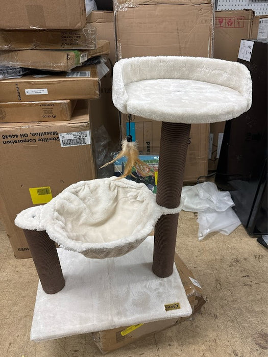 Catry 28" Beige 3-Level Cat Tree with Hammock Scratching Post Tower with Plush Perch Indoor Play House - open_box