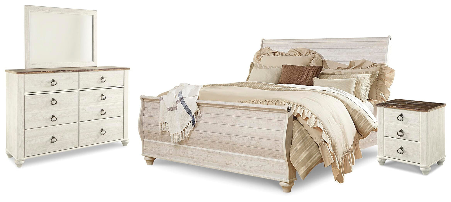Willowton Whitewash Willowton King Sleigh Bed with Mirrored Dresser and Nightstand - Brand New