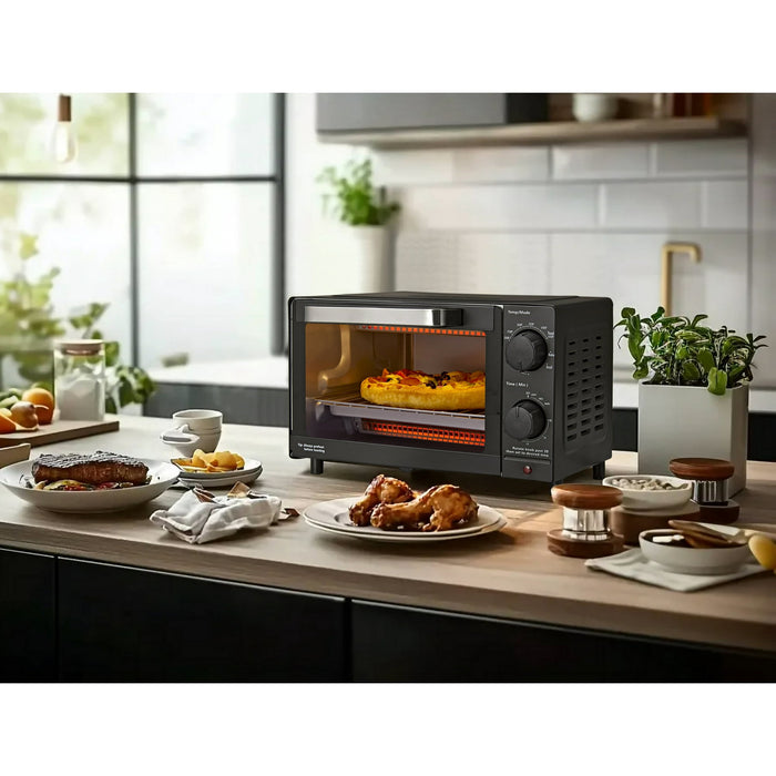 Mainstays 4-Slice Countertop Toaster Oven with 3 Settings, Includes Baking Rack and Pan, Black, New - new